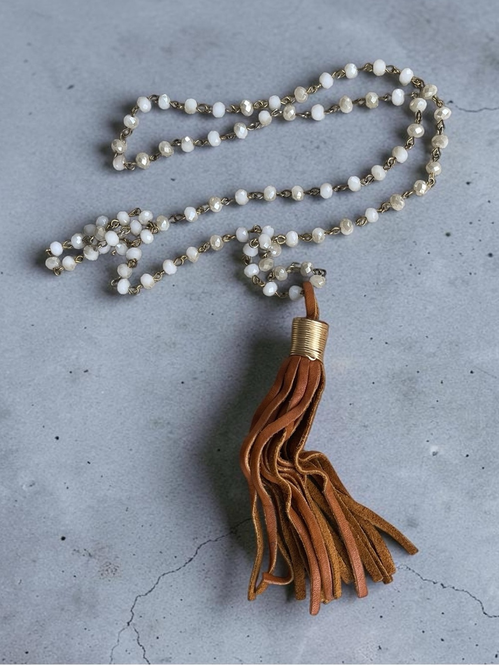 Long Faceted Crystal Beaded Cognac Leather Tassel Boho Necklace